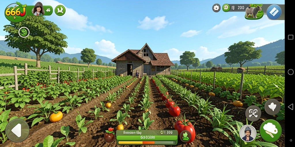 Tampilan gameplay <strong>666J</strong> yang menampilkan pertanian yang aktif dan produktif.