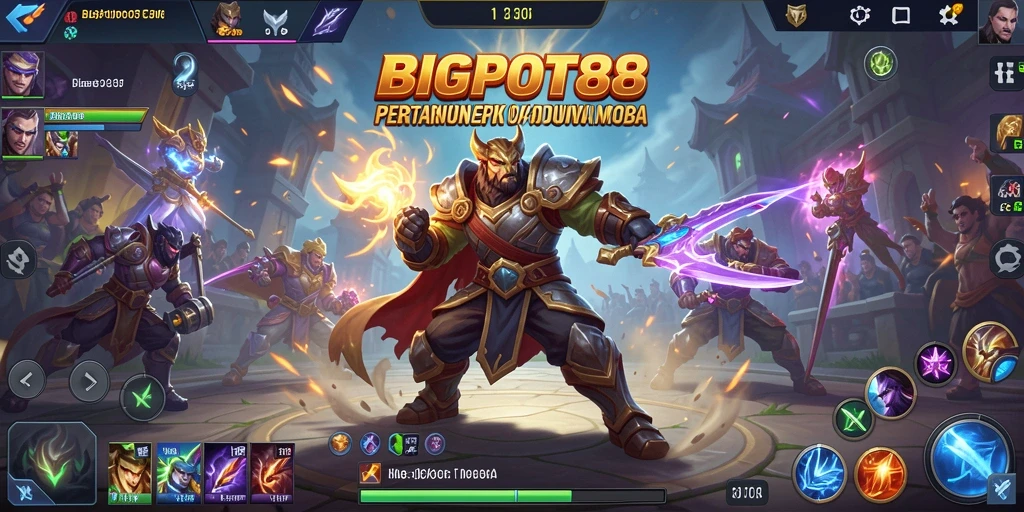 Tangkapan layar permainan BIGPOT88 yang menunjukkan aksi MOBA yang mendebarkan.