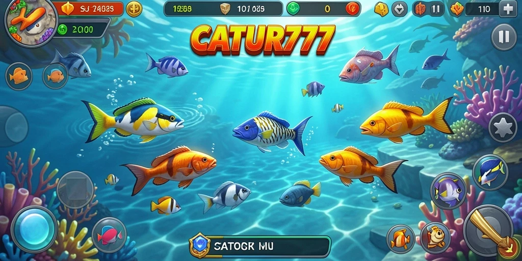 Screenshot utama menampilkan gameplay seru dari CATUR777 saat menembak ikan.