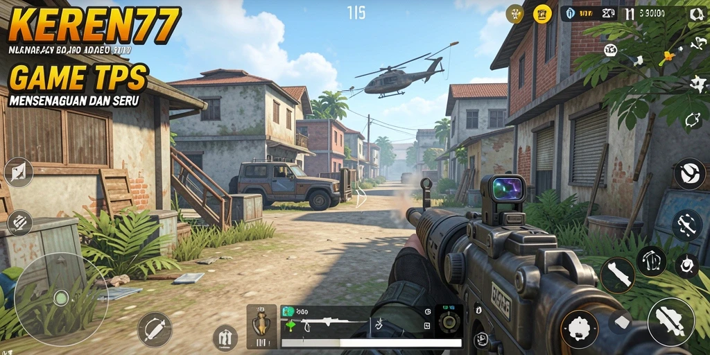Tangkapan layar gameplay KEREN77 yang menunjukkan aksi pertempuran TPS yang seru.