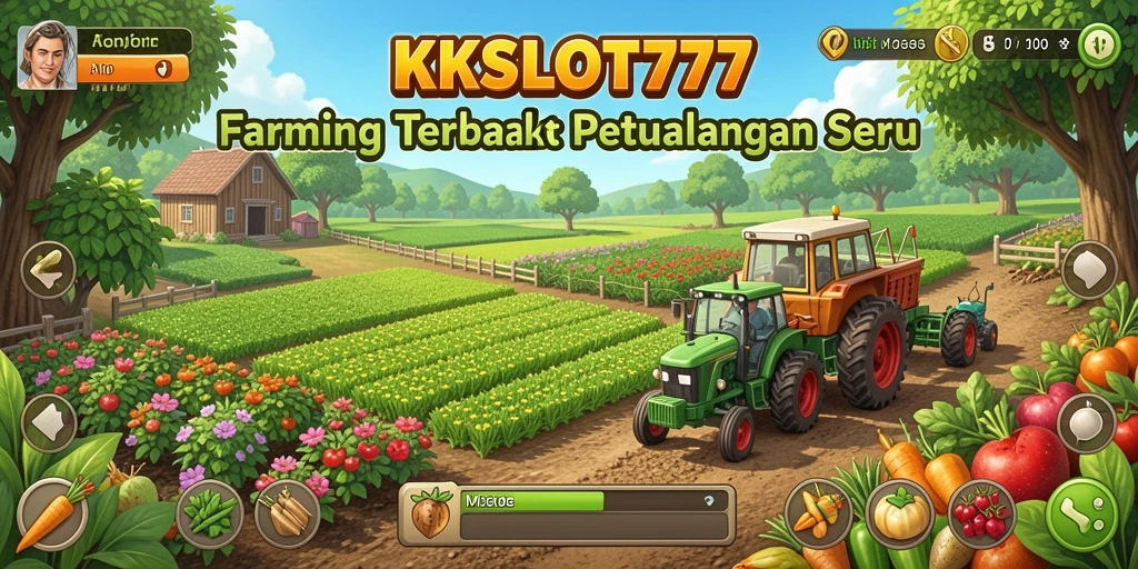 Screenshot KKSLOT777 menunjukkan petani yang sedang merawat ladang penuh tanaman.