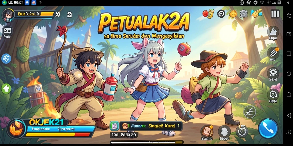 Screenshot utama OKJEK21 menampilkan karakter anime dalam aksi seru.