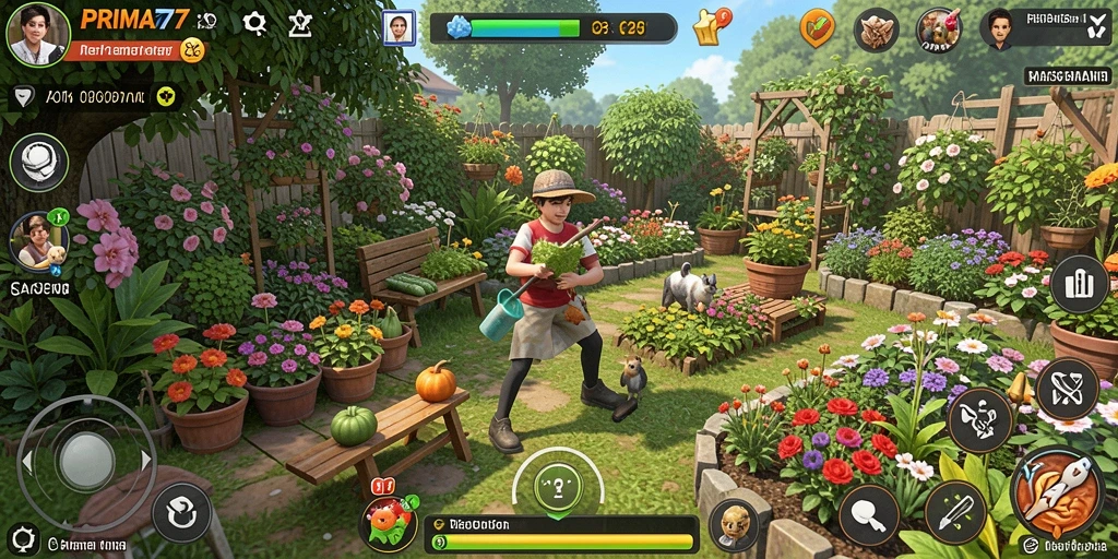 Tampilan gameplay PRIMA77 yang menawan saat berkebun.
