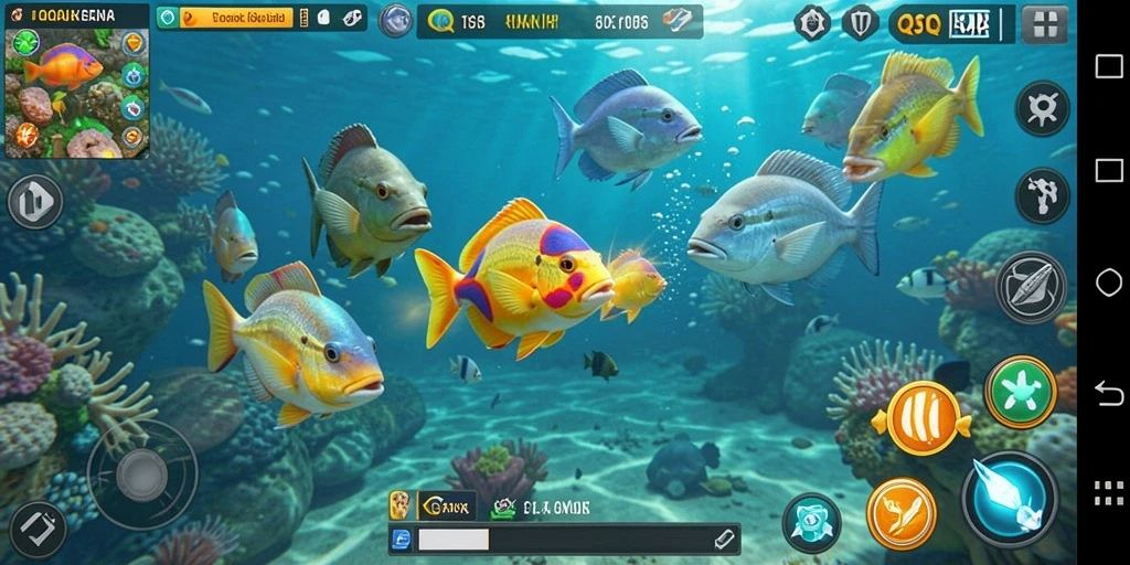 Tampilan gameplay QQSTAR saat menangkap ikan dengan senjata.