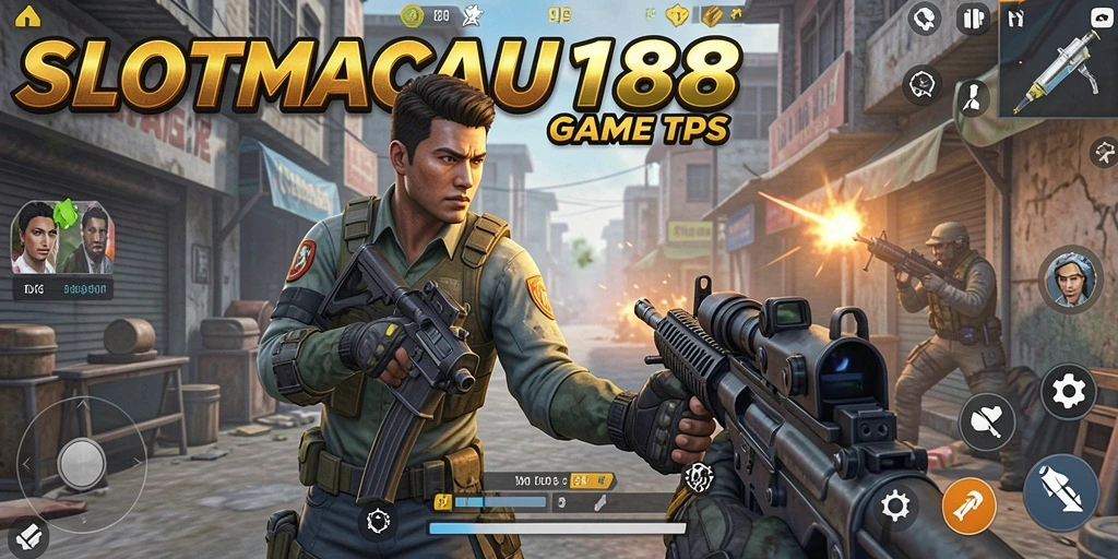 Screenshot utama SLOTMACAU188 menampilkan aksi mendebarkan dalam gameplay TPS.