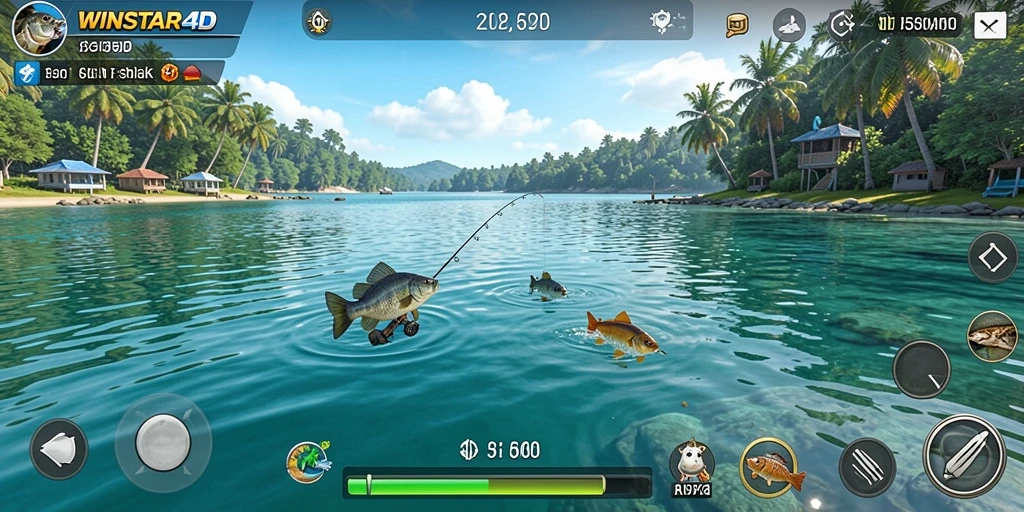 Tampilan gameplay WINSTAR4D yang memukau saat menangkap ikan di lautan.